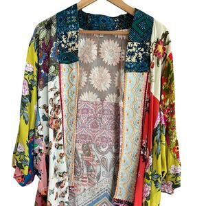 Vincente Patchwork Kimono M Embroidered Floral Mesh Butterfly Boho Maximalist